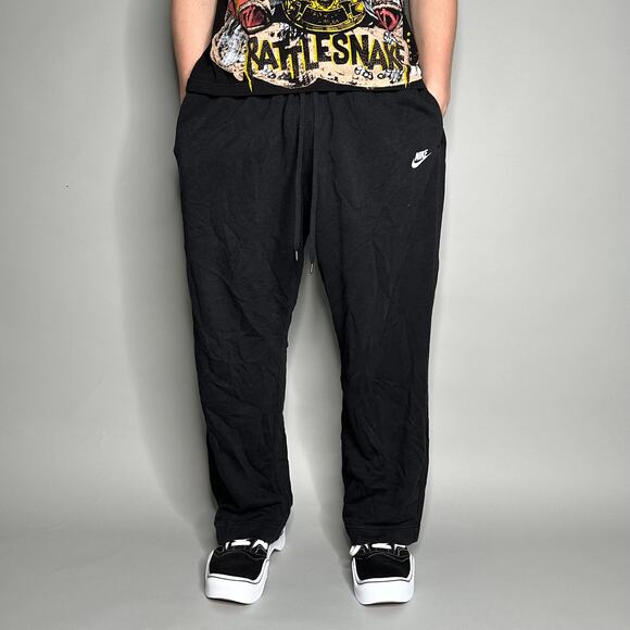 Nike Sweatpants Jet Black Cottton White Swoosh Baggy Fit - Picture 2 of 5